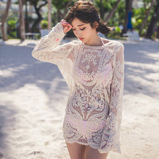 New Casual Hollow Lace Knitted Beach Cover-up Mesh Dress
