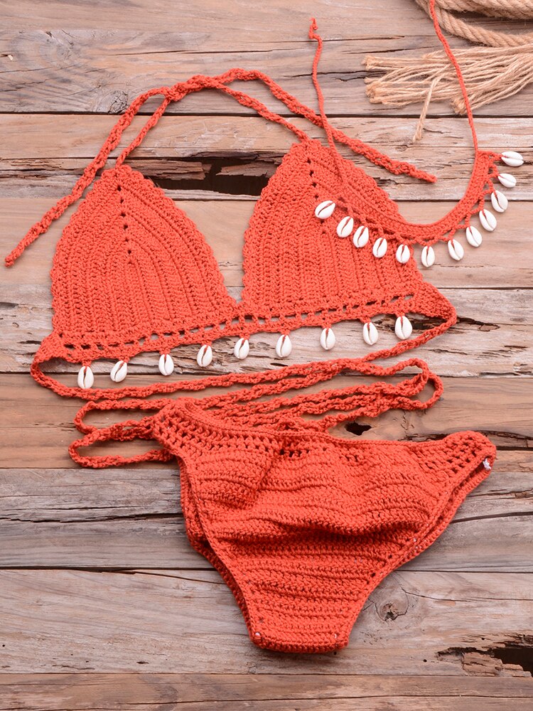 red 3-Piece Crochet Shell Tassel and Seashell Chain Bikini Set