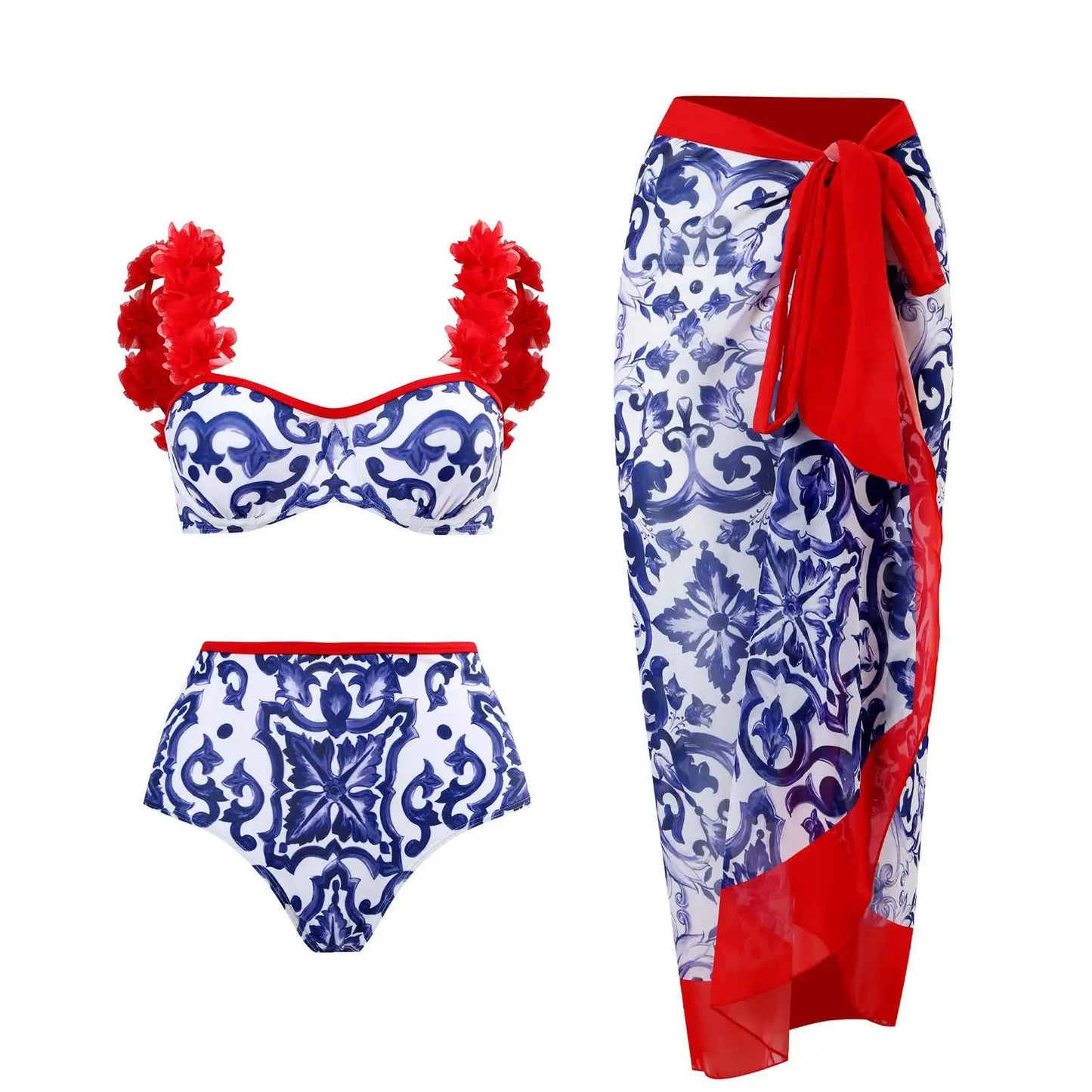 sandy beaches red sides blue mosaic styled bikini set