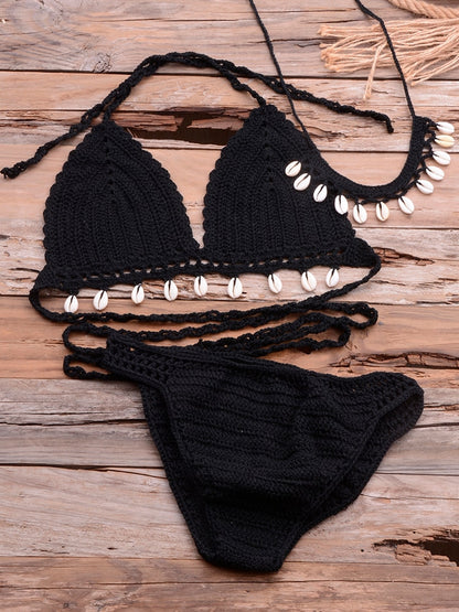 3-Piece Crochet Shell Tassel and Seashell Chain Bikini Set black bikini